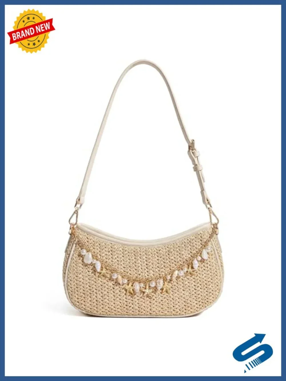 Straw Shoulder Bag with Seashell Charm Chain & Adjustable PU Strap